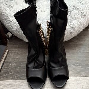 Forever Black Peep-Toe Heeled Boots with Gold Chain